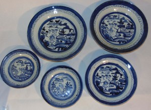 5 PCS Antique Chinese Export Blue White Canton Porcelain Plates Bowls