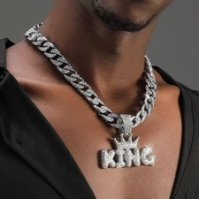 Miami Crown KING Pendant Necklace Hip Hop Punk Cuban Silvery Inlaid Rhinestone