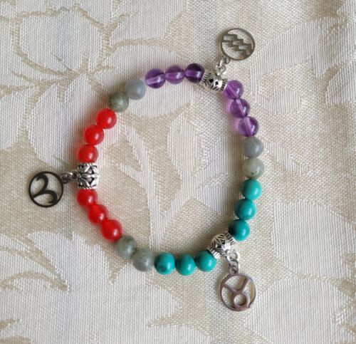 Custom Designed Astrology Gemstone Bead Bracelet w-charms sun sign, risIng,moon - Picture 1 of 6