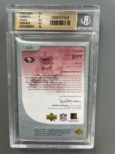 FRANK GORE 2005 SP AUTHENTIC ROOKIE AUTHENTICS PATCH 464/ 899 BGS 10 AUTO RC 9.5 - Picture 2 of 2