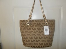 $248 Michael Kors Jet Set Item Medium Tote MK Signature Jacquard Gold Bag NWT