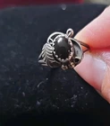 Vintage Sterling Silver Black Stone Ring Southwestern Style Leaf Detail Signed S