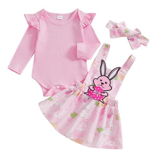 Baby Girl Easter Dress Outfit Ribbed Ruffle Romper Bunny Suspender Skirt Head...