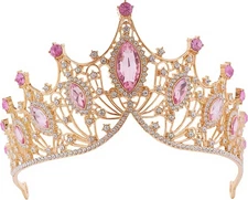 Pink Princess Tiara for Women & Girls Metal Gold Queen Crown with and... 