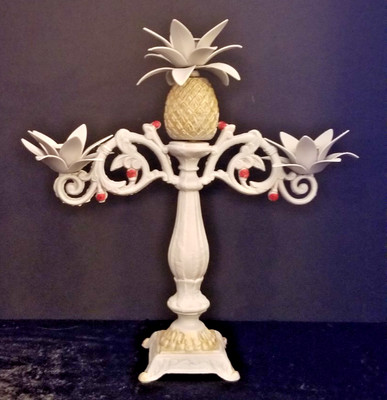 Metal Candelabra, Hand Painted, Flowers & Pineapple, 3-Hole, Vintage. 15'' x 15''.