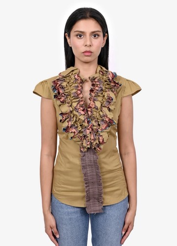 Yves Saint Laurent Rive Gauche, Yves Saint Laurent Rive Gauche Vintage Ruffle Blouse Olive Cotton FR 42