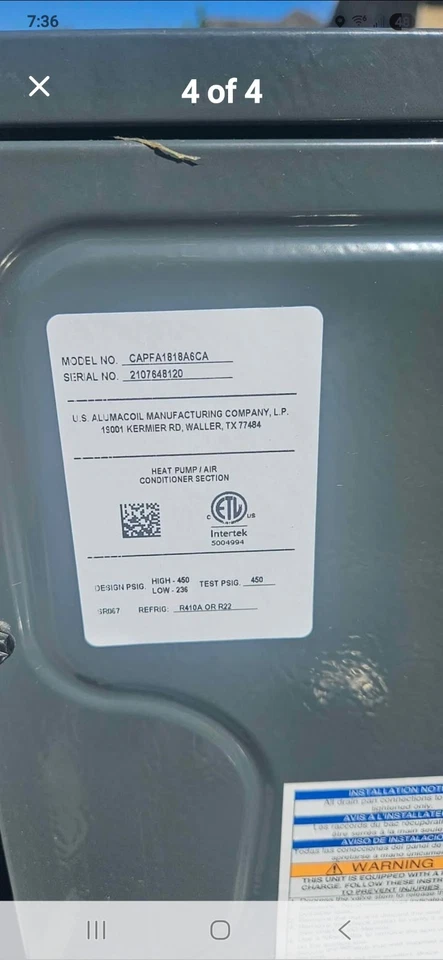 Bobina evaporadora Goodman CAPFA18B6 1,5 toneladas R-22 R-410A flujo ascendente/descendente Foto 2 de 3