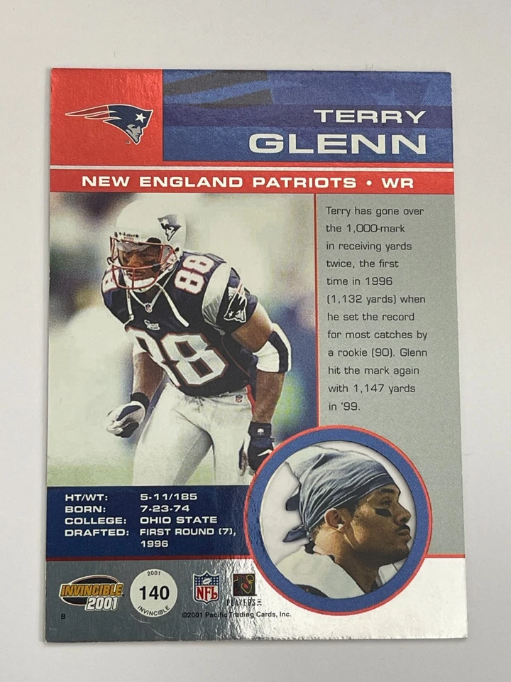 2001 Pacific Invincible Patriots Terry Glenn /1000 #140 - Image 2 of 2