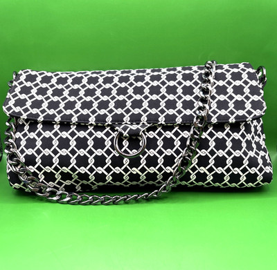 Talbots Black White Chain Link Nautical Purse Handbag Silk Gun Metal Chain Strap