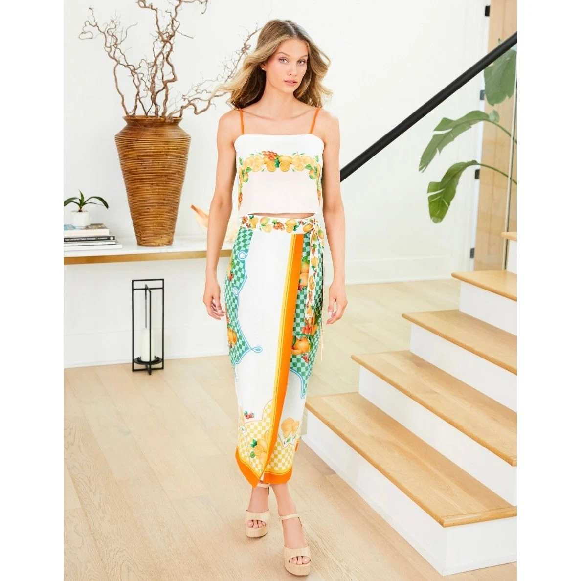 NWT!! ANTONIO MELANI Clio Wrap Skirt Linen Citrus Bliss Midi Fruit Checkered 0