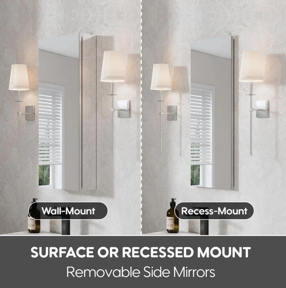 WELLFOR ROSA 12"x30" Tri-View Botiquín Espejo Aluminio Ajustable Foto 3 de 4