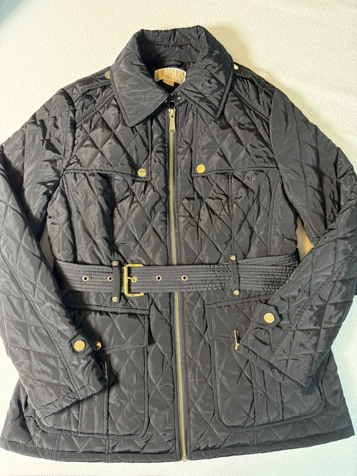 Giacca donna Michael Kors nera trapuntata con cintura taglia L cappotto moto zip oro