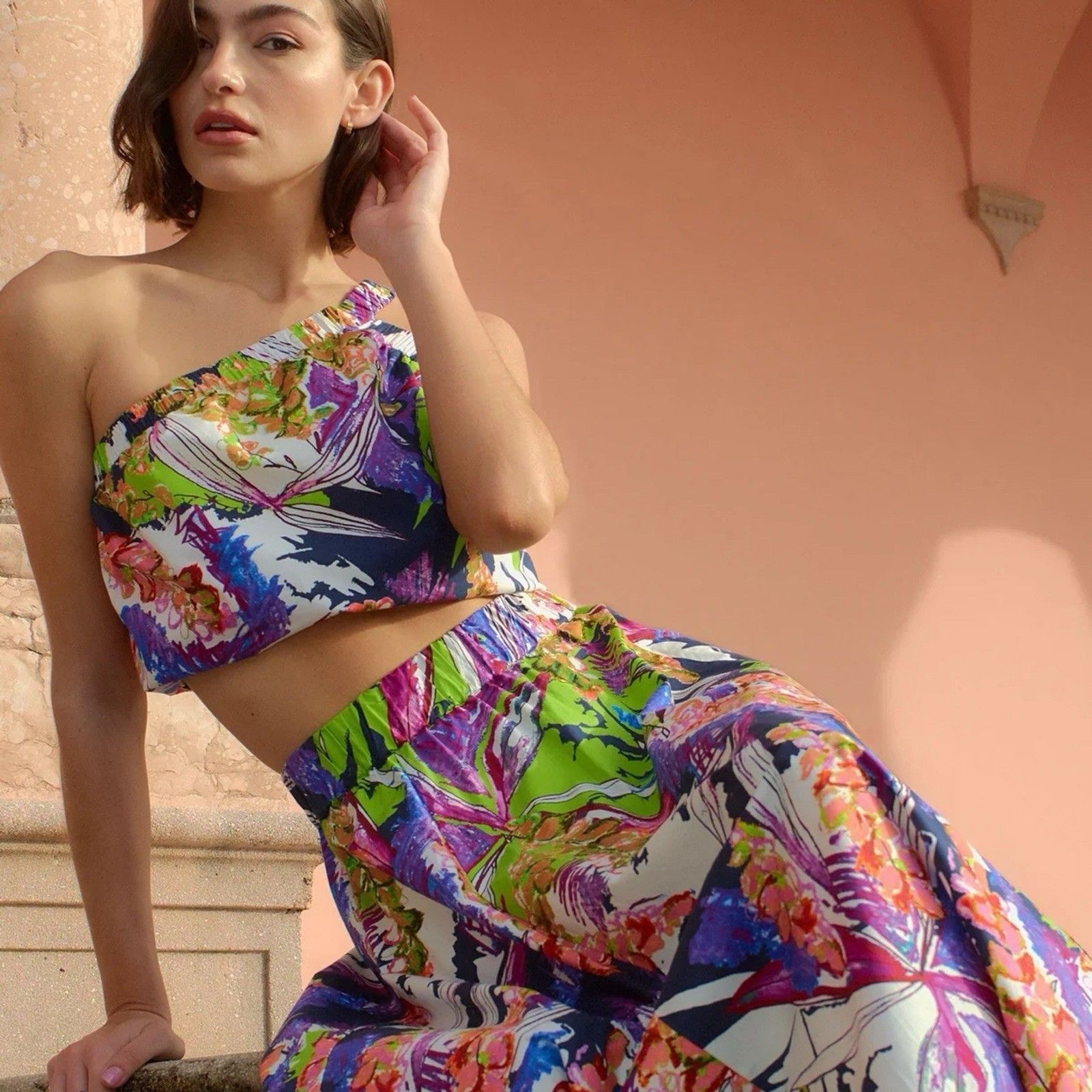 Marie Oliver Giselle One Shoulder Crop Top Tropical Asymmetrical Babylon Size XS