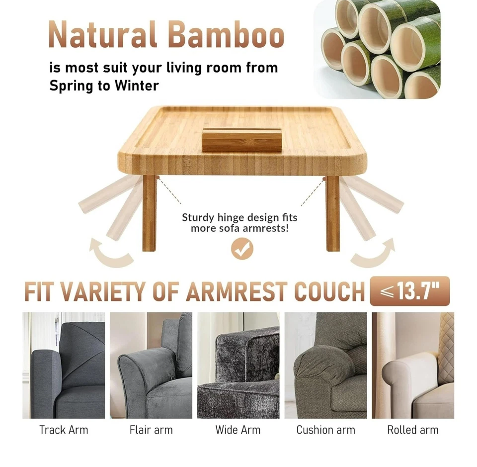 Bamboo Sofa Tray Table Clip on Side Table Couch Arm W/ Rotating Phone Holder - Image 2 of 4