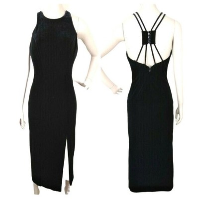 VTG 90s Faviana New York Velvet Strappy Back Maxi Bombshell Slit Cocktail Dress