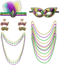 12Pcs Mardi Gras Costume Accessories Mardi Gras Beads Necklace Feather Headband