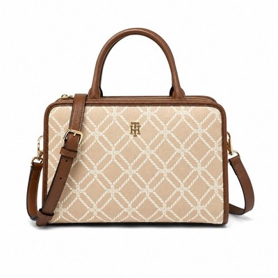 Tommy Hilfiger Beige Monogram Satchel Crossbody Handbag Top Handle Purse