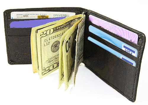 Black Genuine Leather Bifold Spring loaded Money Clip Mens Wallet Front Pocket - Image 4 of 4