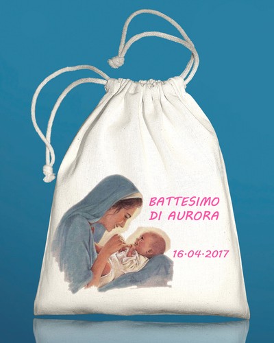10pz SACCHETTI PORTACONFETTI BOMBONIERA Battesimo MADONNA Bambino personalizzati - Picture 3 of 3