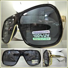 Men's CLASSIC VINTAGE RETRO Hip Hop Style SUN GLASSES Black Gold Frame Dark Lens