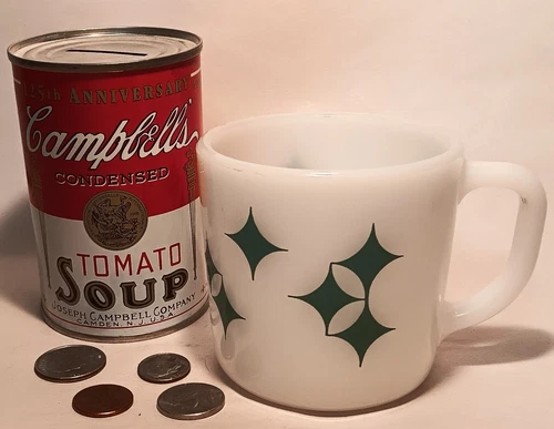 ATOMIC STARBURST vtg federal glass milk glass cup mcm space-age mug turquoise