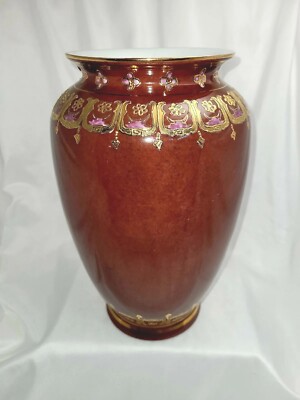 Signed Chinese/ Qing/Burgundy/Gold Trimmed/Hand Painted/Enameled Porcelain Vase