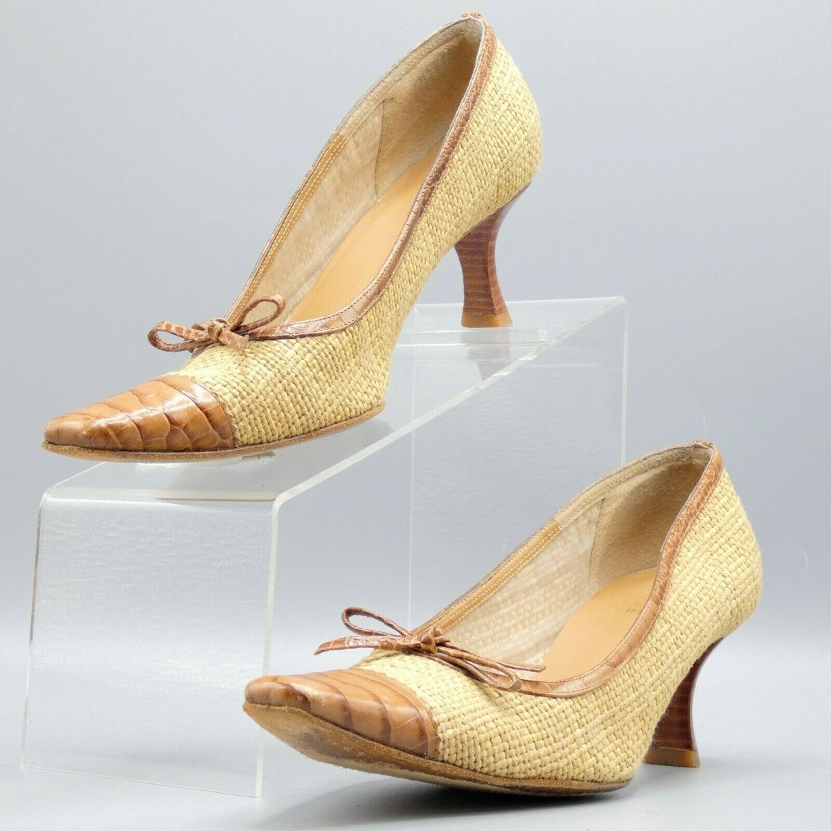 Stuart Weitzman Straw Raffia Brown Leather Croc Cap Toe
