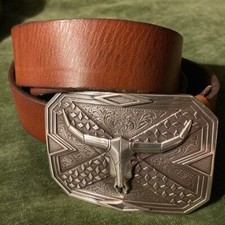 NOCONA Square Longhorn Buckle w/ NOCONA Belt Company Brown Leather Belt Sz 44