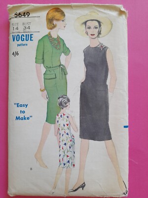 UNBENUTZT Vogue 5649 Sommerkleid 2 Ärmeloptionen aufgesetzte Taschen & Gürtel 12 Brustumfang 34''