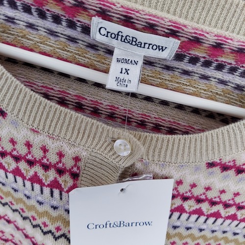 Croft Barrow Cardigan Women 1X Fair Isle Knit Button Long Sleeve Tan Red Stripe - Picture 6 of 8