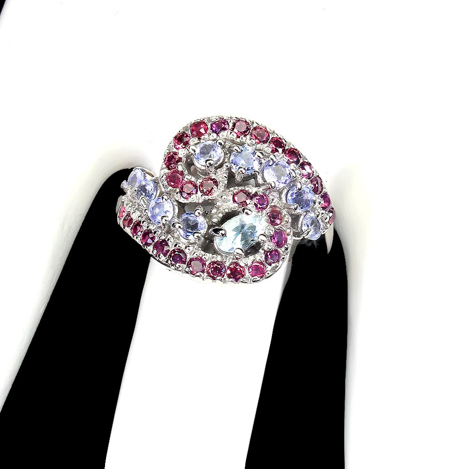 925 Sterling Silver Oval Aquamarine Rhodolite Garnet Tanzanite  Ring 9 - Image 3 of 4