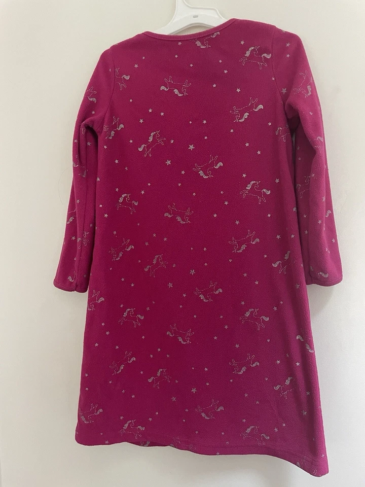 Carter's Kid Girl Silver Unicorn Ruffle Fleece Long Sleeve Nightgown Dark Pink 4 - Image 4 of 4