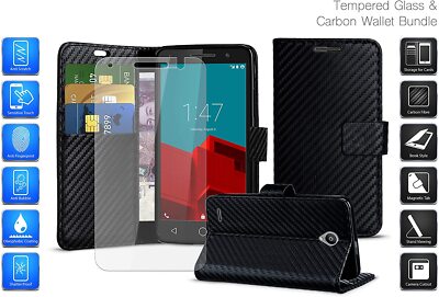 Für Samsung Galaxy J6 Plus Kohlefaser Wallet Kartenfach Handy Hülle & Glas