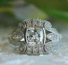 Art Deco Style 2.25 Ct Cushion Cut Lab-Created Diamond Bezel Set 925 Silver Ring