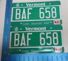 Vermont License Plate Tag 1995 95 VT Pair Set Natural Sticker BAF 658