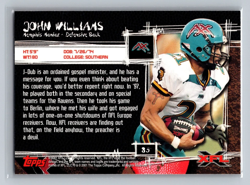 2001 Topps XFL - John Williams #35 - Image 2 of 2