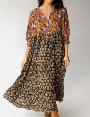 Natural Life Nova Maxi Dress Sz XL Floral Mix Print Flowy Tassel Boho  Festival