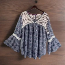 Jolt Peasant Shirt 3X Blue Purple Bell Sleeve Crochet Flowy Lace-up Tie V-Neck