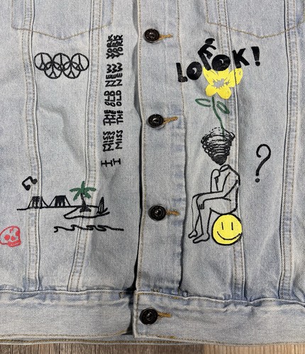 BROOKLYN Denim Trucker Jacket Men's Medium NYC Graffiti Light Wash Jean Jacket - Picture 8 of 15