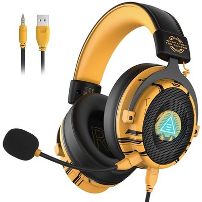 Gaming Headset Kopfhörer 7,1 Surround Sound USB LED gelb PC Mikrofon Mikro Spiel