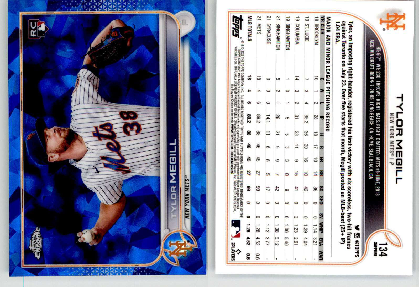 Tylor Megill 2022 Topps Chrome Sapphire #134 Mets RC Rookie
