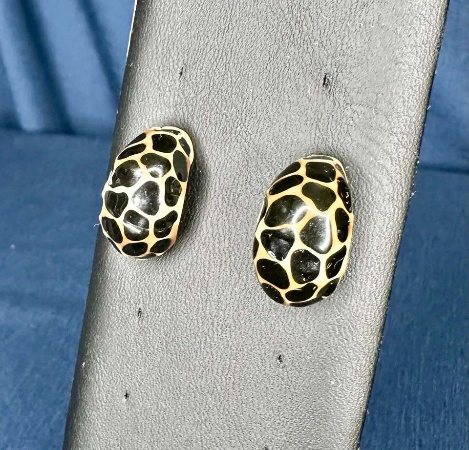 Kenneth Jay Lane Signed KJL Cheetah Leopard Black Beige Pierced Earrings - Image 2 of 4
