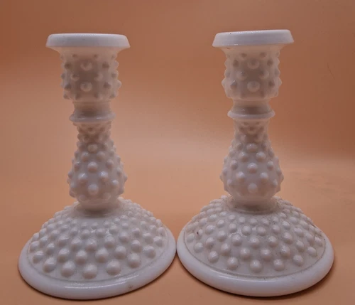 Vintage Milk Glass Hobnail Candle Holders Medium Height