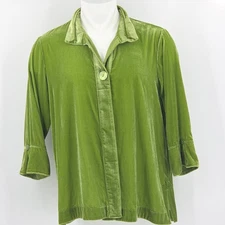 John Mark Button Up Down Shirt Women Size XL Green Velvet Wire Collar Holiday