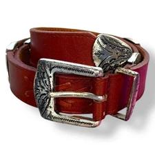 Vintage Latigo Full Grain Leather Belt Concho Accents Western Tooled Silver 