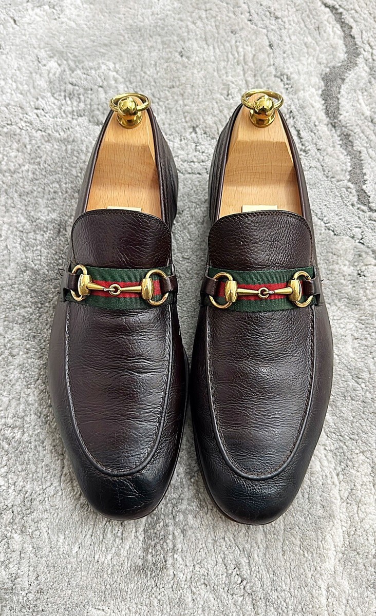 Authentic Gucci Web Gold Horsebit Brown Leather Mens Loafer US7.5