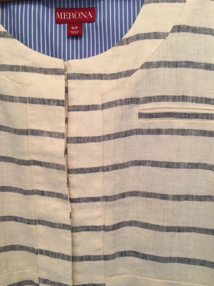 Chaqueta Blazer Recortada Merona Para Mujer Azul Marfil Rayas 100% Lino Talla S Nueva Sin Etiquetas Foto 3 de 4