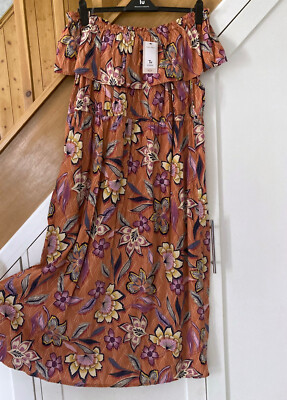 TU Size 24 Brown Floral Summer Dress Bardot Off Shoulder Linen Mix Flare Neutral