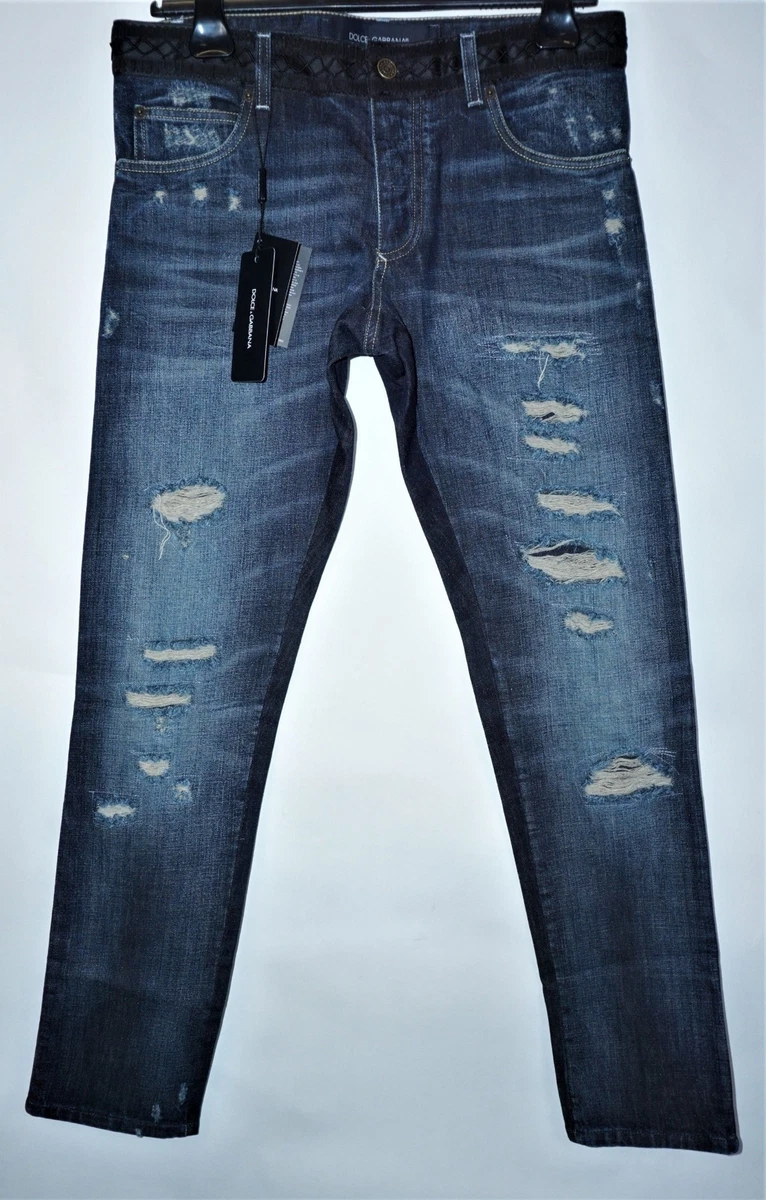 Dolce & Gabbana Men's 'Gold 14' Blue Distressed Slim-Fit Denim Jeans, 32 (EU 48)