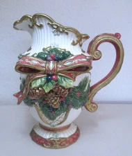 Fitz Floyd Florentine Christmas Pitcher with Bow, Pinecones, Evergreen